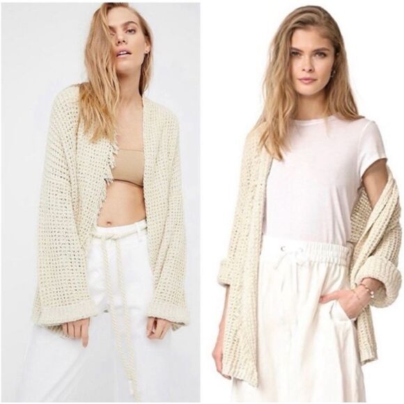 Free People Sweaters - Free‎ People Cream I'II Be Around Knit Fringe Cardigan Size XS